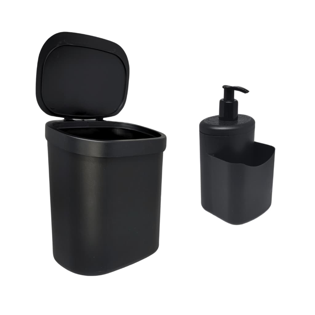 Kit Organização de Pia Lixeira 3,5 litros e Dispenser Detergente Porta Bucha Esponja Preto ou Branco