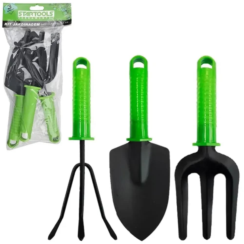 KIT PARA JARDIM COM PA + GARFO E ANCINHO / RASTELO CABO PLASTICO VERDE 3 PECAS NA SOLAPA