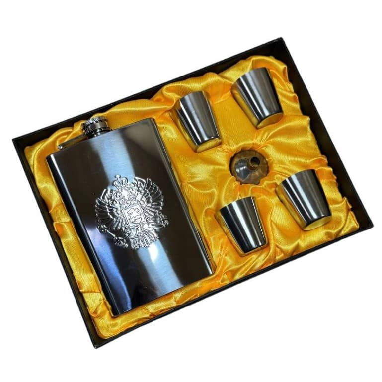 Cantil Para Drinks Whisky Inox 9 oz 270ml Com 4 Copos E Funil Inox de Bolso para Presente