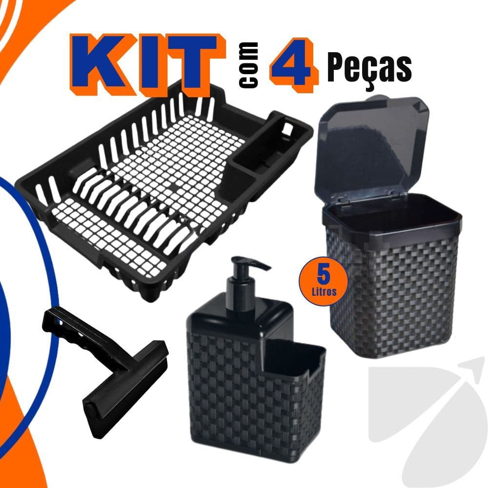 Kit Lixeira 5 Litros + Porta Detergente + Rodinho de Pia + Escorredor Louça