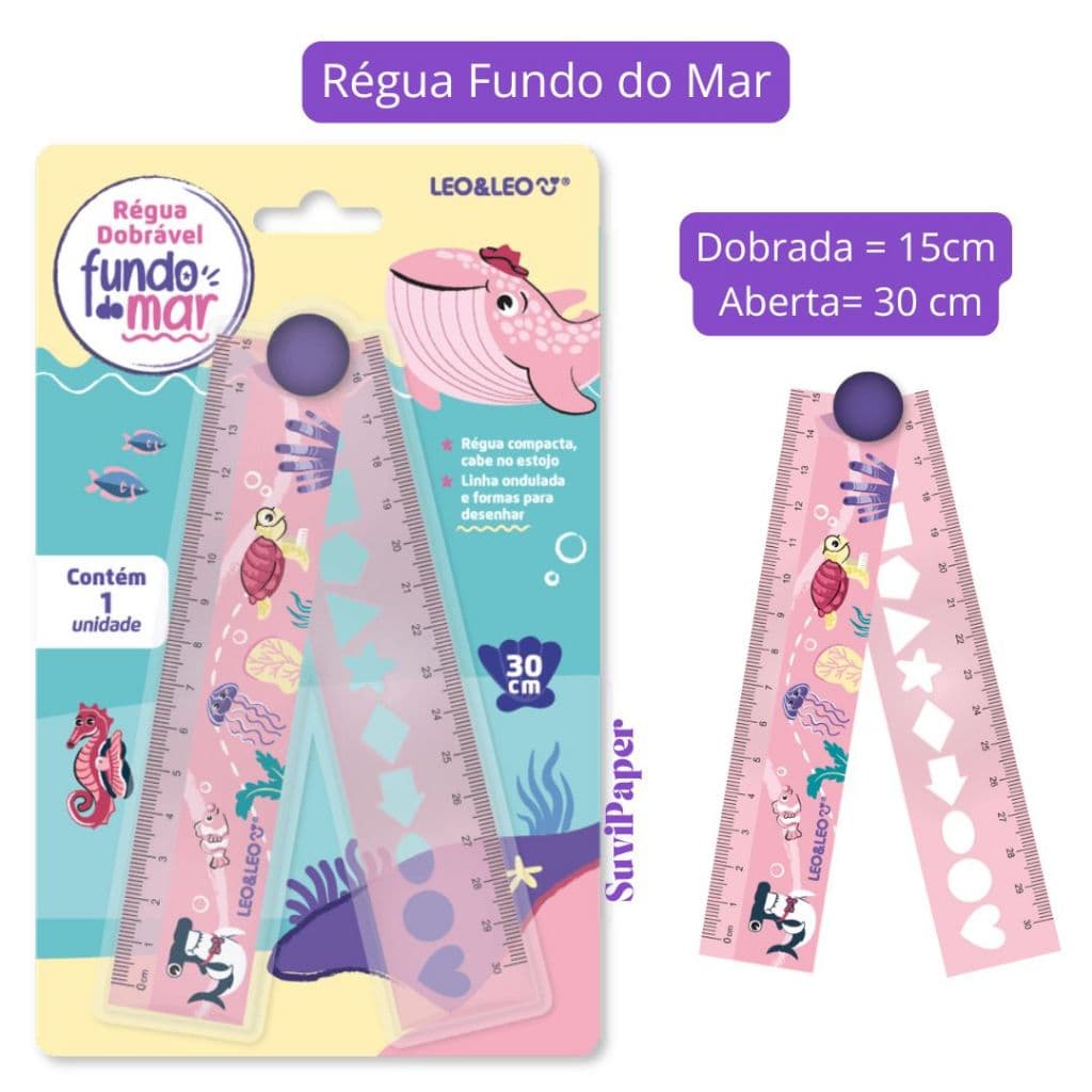 Régua Plástica Estampada Fundo do Mar com Diversas Formas Geométricas -15cm a 30 centímetros