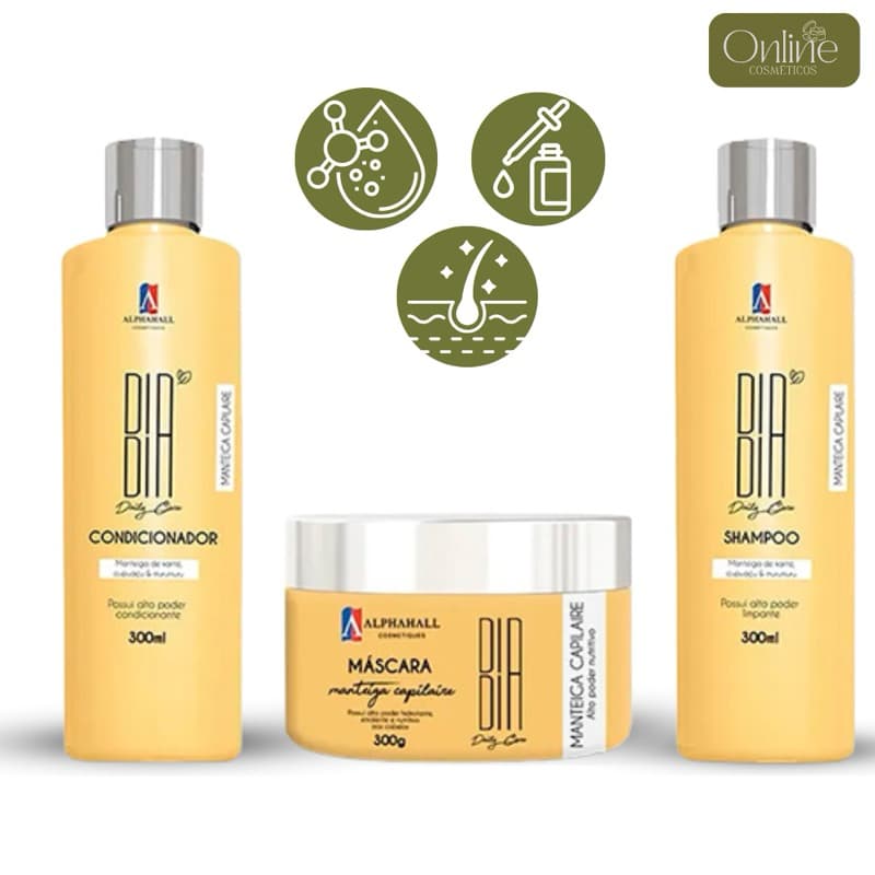 Kit 3 Shampoo Condicionador e Máscara Hidratação Dia Dia Manteiga Capilar Alphahall