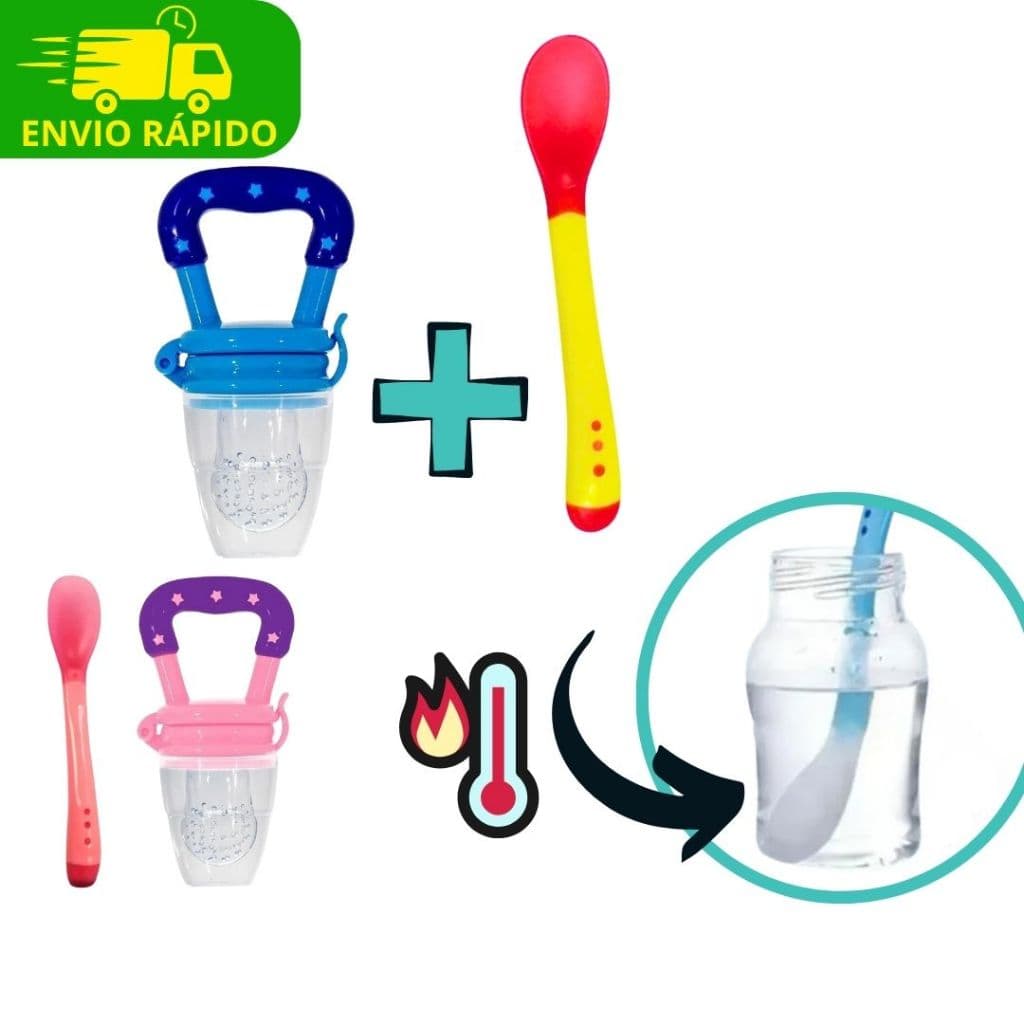 Kit Introdução Alimentar Chupeta Alimentadora Para Frutas De Bebê + Colher Termosensível Ponta Mole Infantil