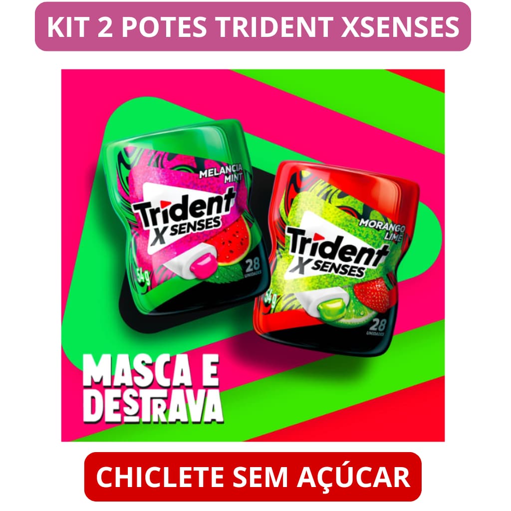 Kit Goma De Mascar TRIDENT X Senses Morango Lime e Melancia Mint Garrafa Pote 54G - Chiclete Sem Açúcar