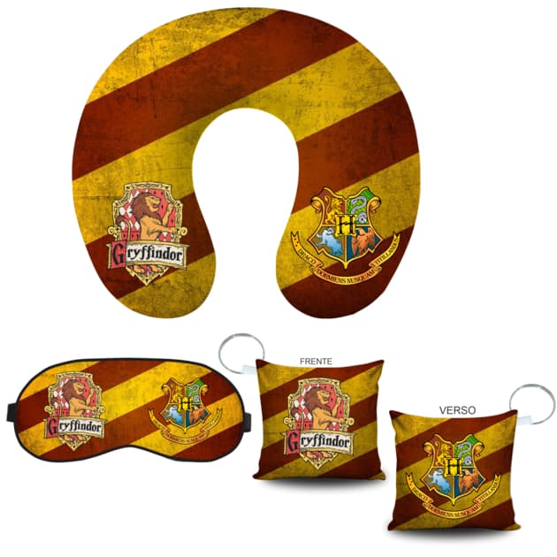 Harry Potter Almofada de Pescoço Tapa Olho e Chaveiro Grifinória Sonserina Corvinal LufaLufa