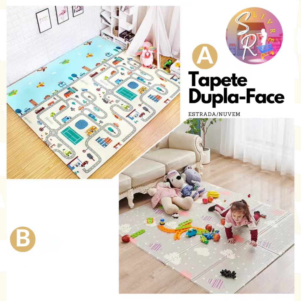 Tapete Infantil Dobrável Dupla Face XPE Emborrachado(1,60x1,80cm) Antiderrapante Bebê Estrada/Nuvem