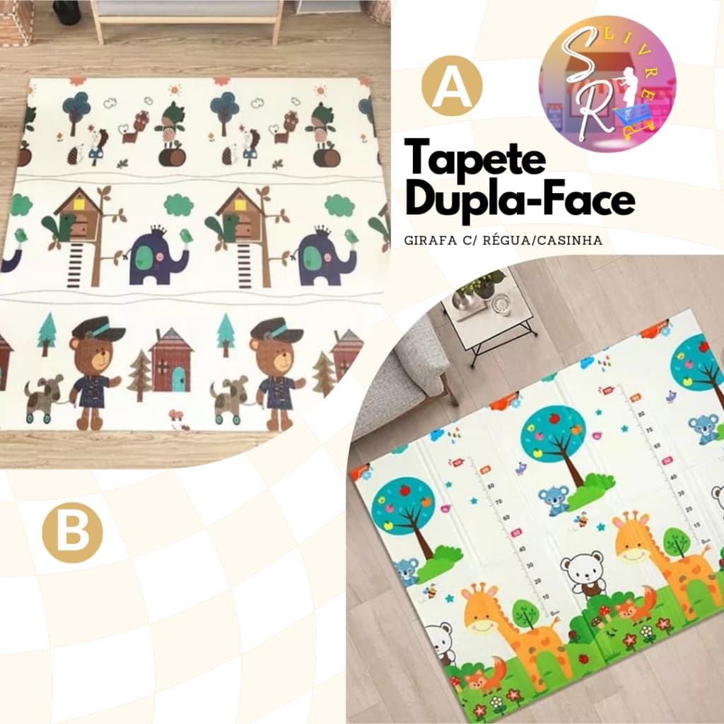 Tapete Infantil Dobrável Dupla Face XPE Emborrachado(2,00x1,80cm) Antiderrapante Bebê Girafa.Casinha