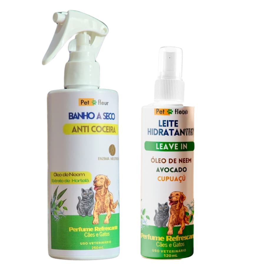 Kit Banho a Seco Cães e Gatos - Função Repelente e Anti Coceira + Leite Hidratante “Live In” – Spray Condicionador Hidrata, Brilho Elimina Nós, Reduz a queda de pelos