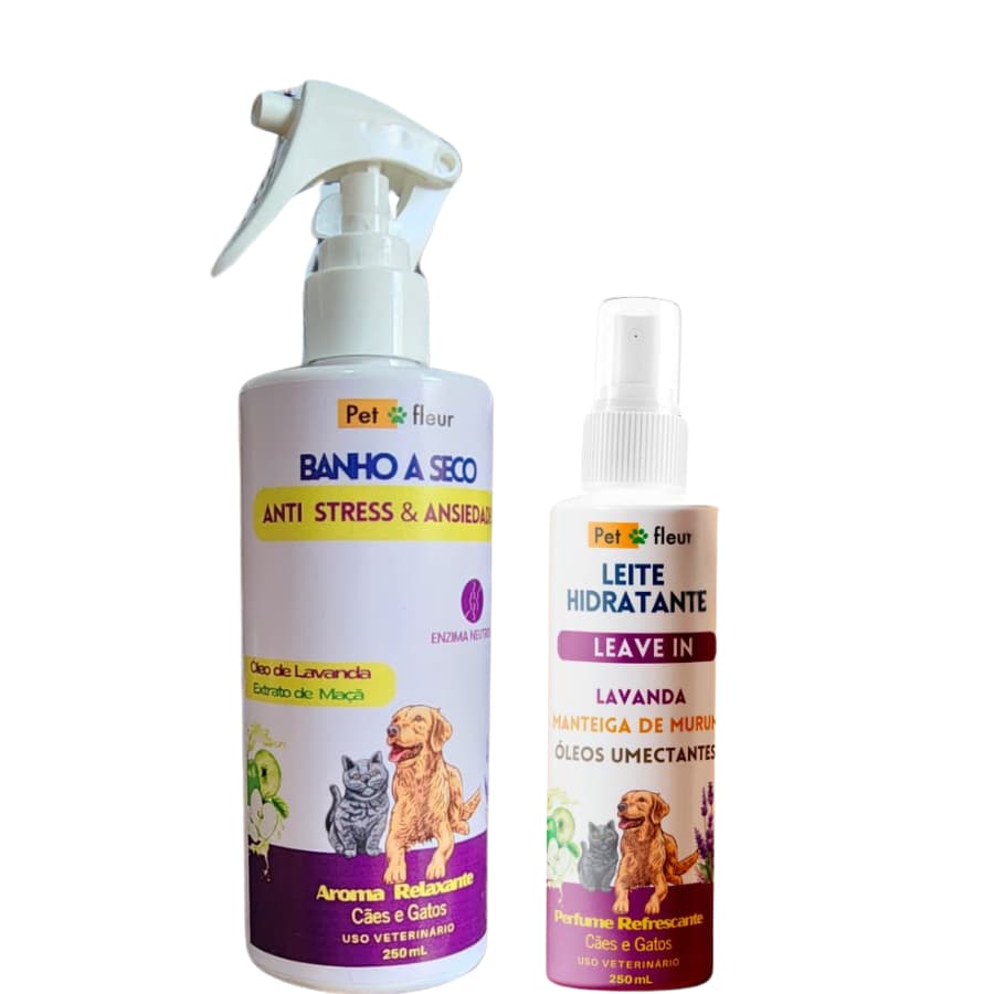 Kit Banho a Seco Óleo Essencial de Lavanda  - Antiestresse e Ansiedade + Spray Leite Hidratante Condicionador Live In Hidrata remove Nós - Cães e Gatos