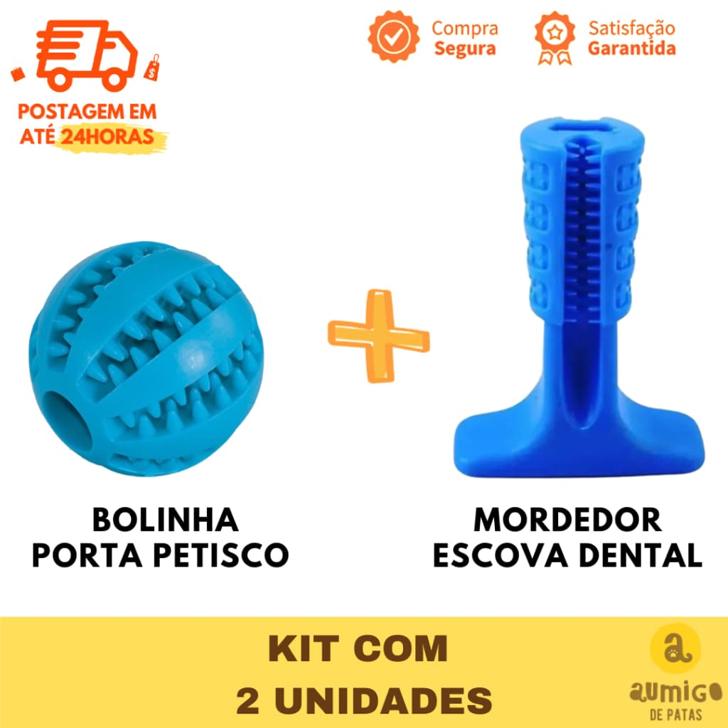 Kit Interativo Escova Mordedor + Bolinha Porta Petisco Dente Pet Clean Remove Tártaro Pequeno Grande