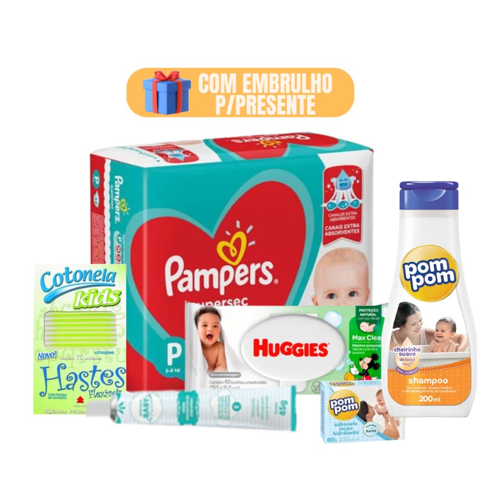 Kit Bebe Higiene Fraldas Pampers, Lenços Umedecido Shampoo Suave Presente Chá de Bebe