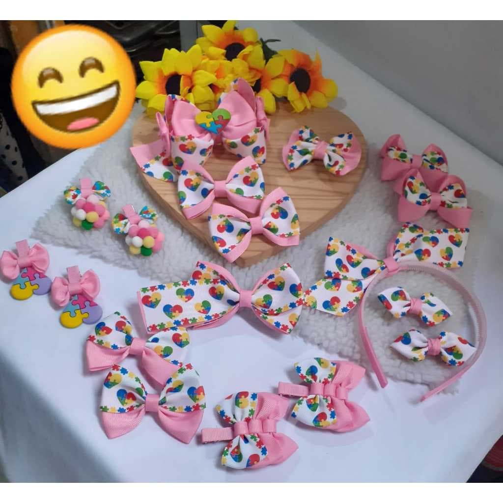 kit de laço infantil com o tema do autismo/kit completo/laço de menina/laço escolar/autismo/VOLTA AS AULAS/KIT 08