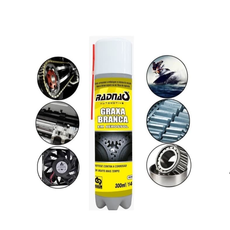 Graxa Branca Spray 300ml Radnaq  Alta resistência ao calor e a água lubrificação de peças