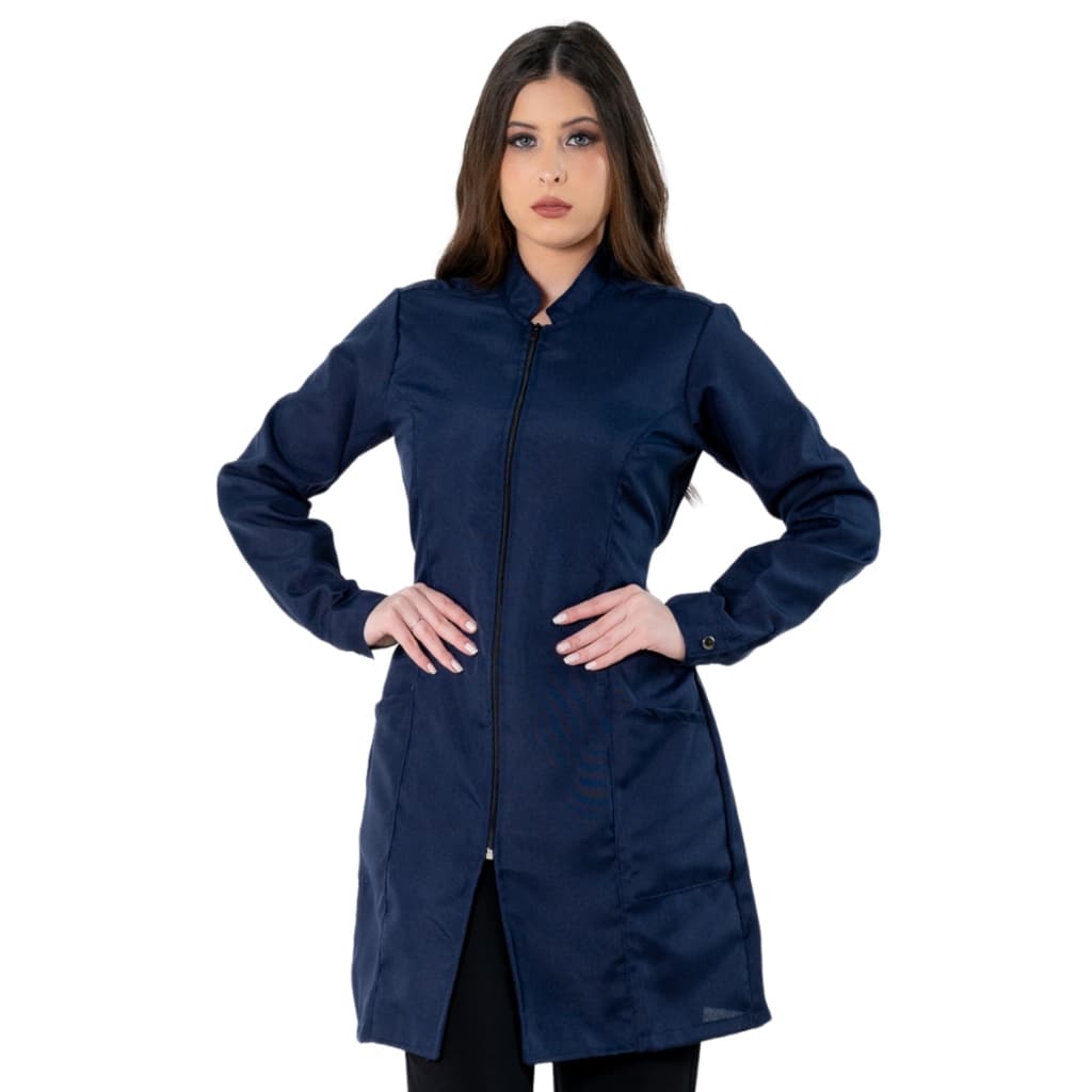 Jaleco Feminino Acinturado Básico Gola Padre Oxford Manga Longa Com Zíper Azul Marinho