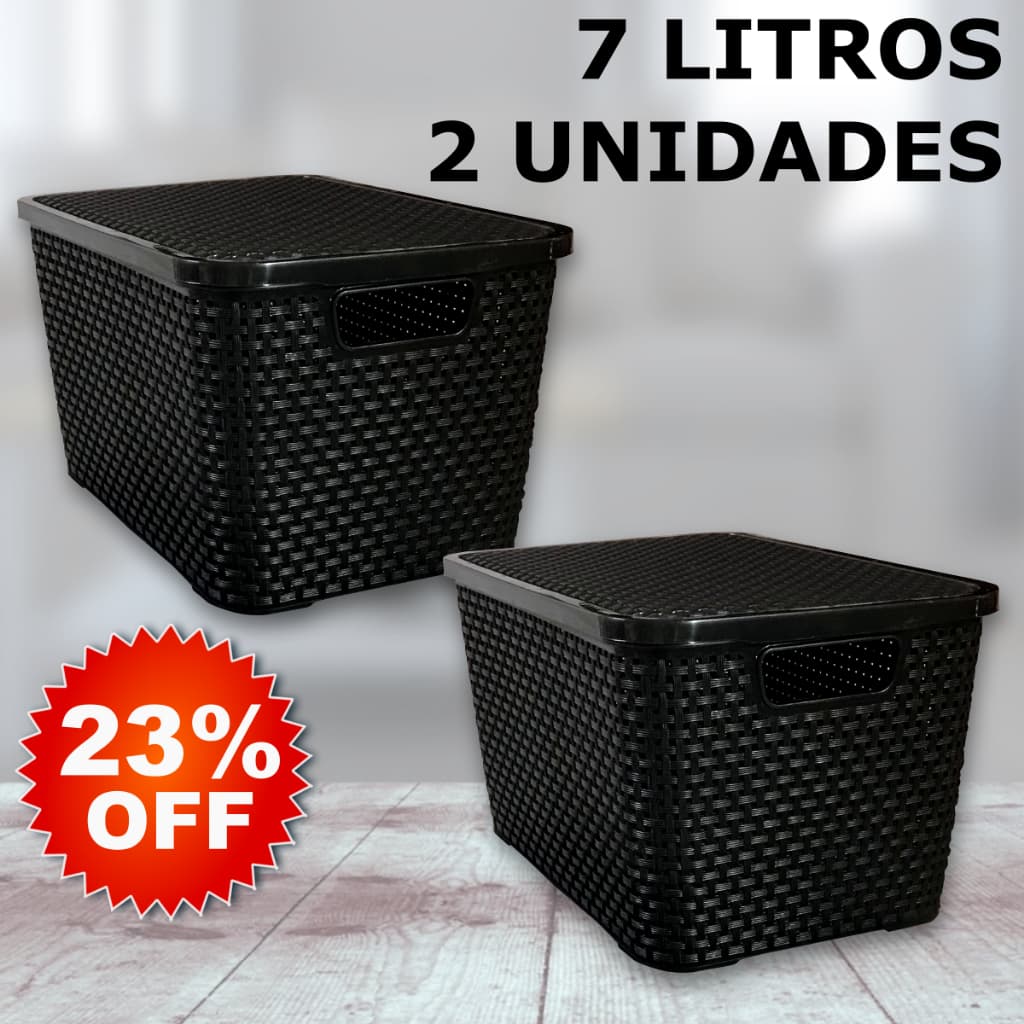 Kit 2 Caixa / Cesta Organizadora Pequena 7 Litros Empilhavel Rattan Preta Com Tampa - Cesto Organizador 7L