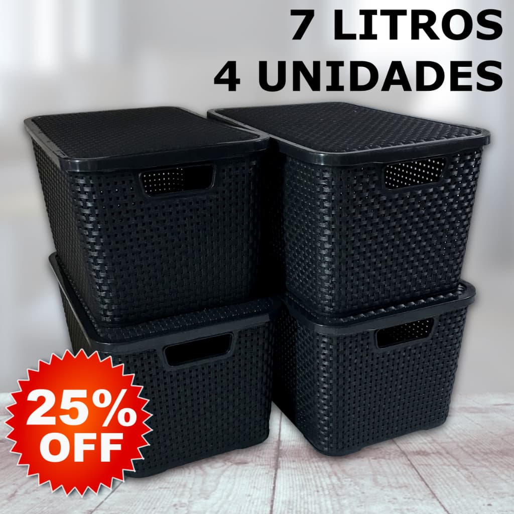 Kit 4 Caixa / Cesta Organizadora Pequena 7 Litros Empilhavel Rattan Preta Com Tampa - Cesto Organizador 7L
