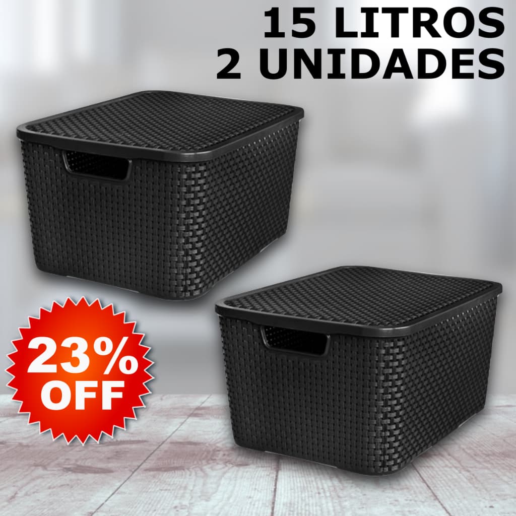 Kit 2 Caixa / Cesta Organizadora Media 15 Litros Empilhavel Rattan Preta - Cesto Organizador 15L