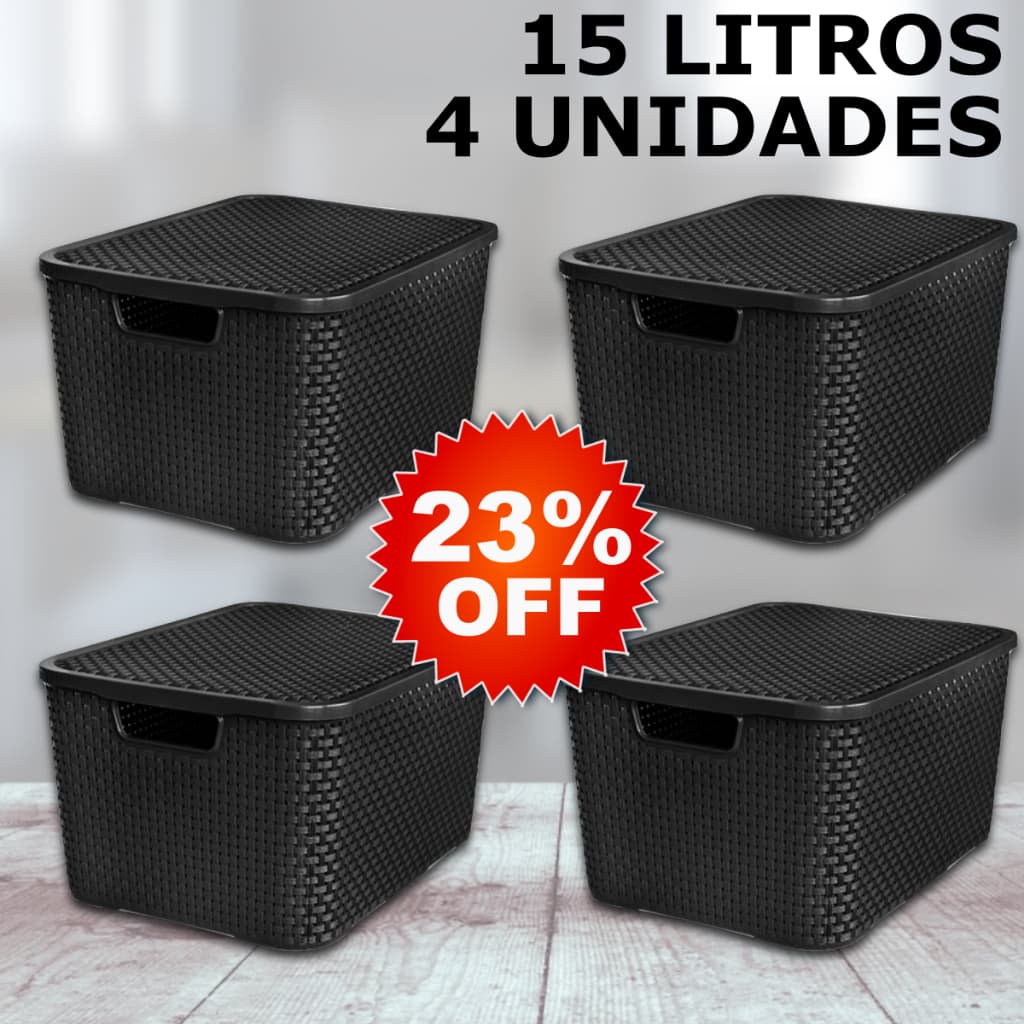 Kit 4 Caixa / Cesta Organizadora Media 15 Litros Empilhavel Rattan Preta - Cesto Organizador 15L