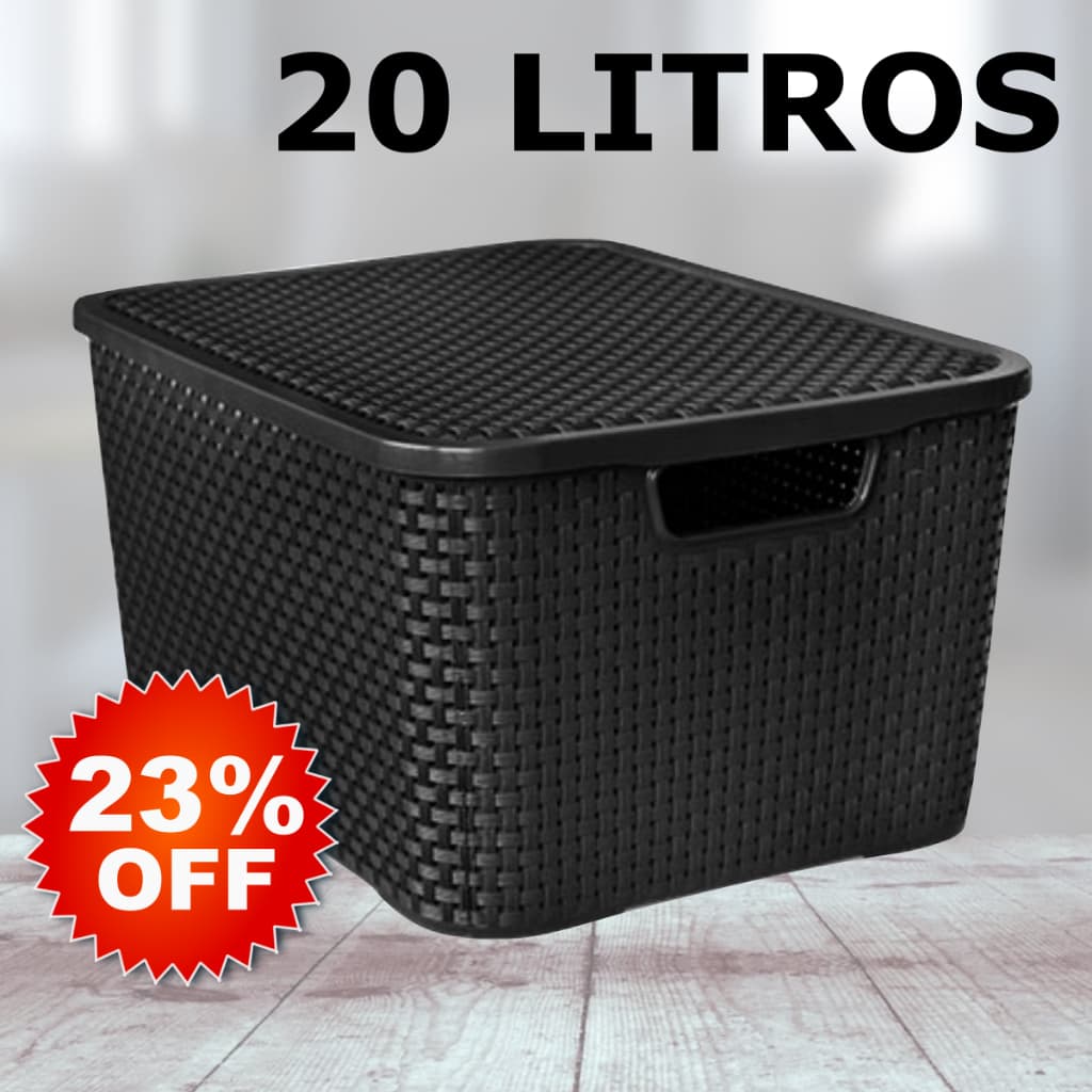 Caixa / Cesta Organizadora Grande 20 Litros Empilhavel Rattan Preta - Cesto Organizador 20L Para Guardar Coisas