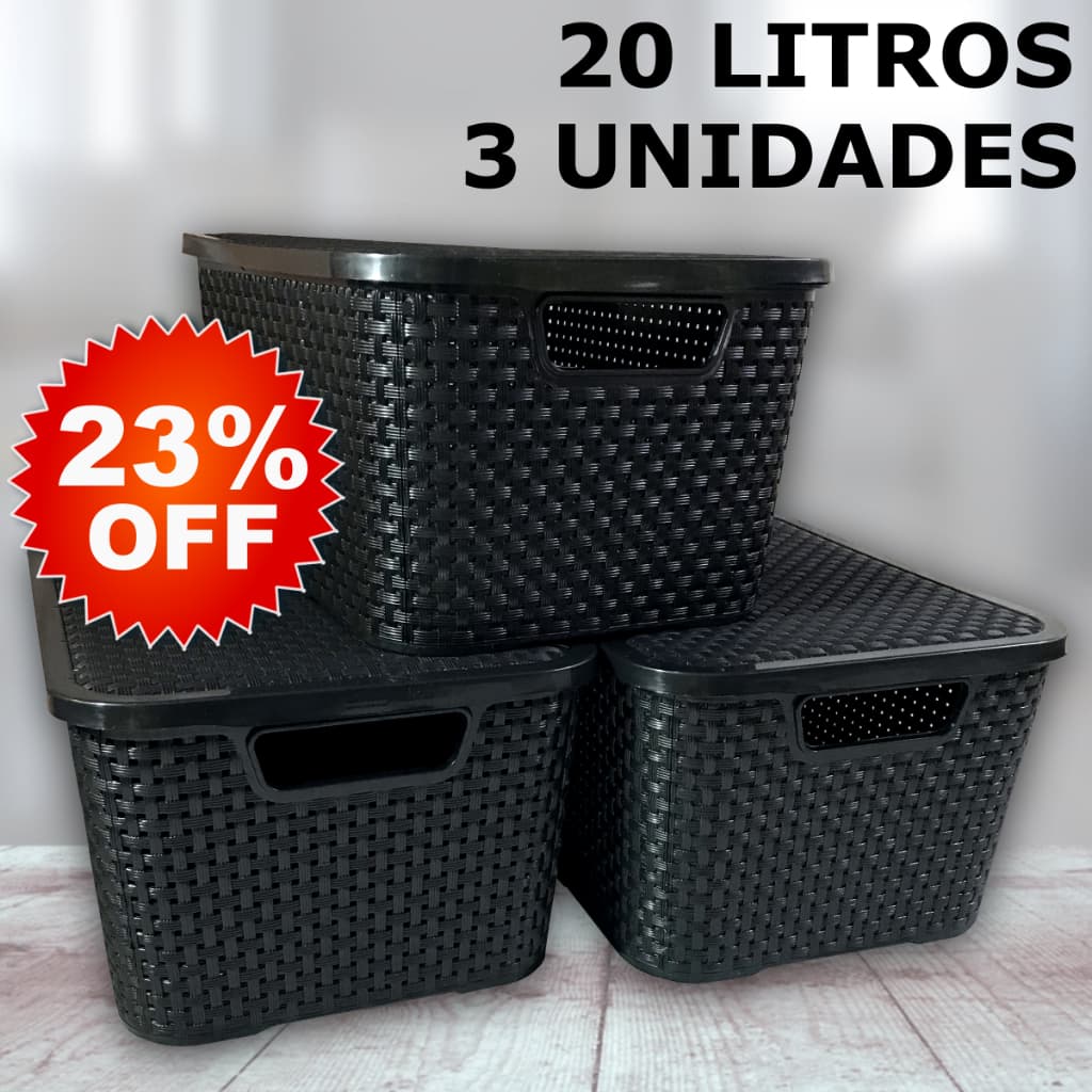 Kit 3 Caixa / Cesta Organizadora Grande 20 Litros Empilhavel Rattan Preta - Cesto Organizador 20L