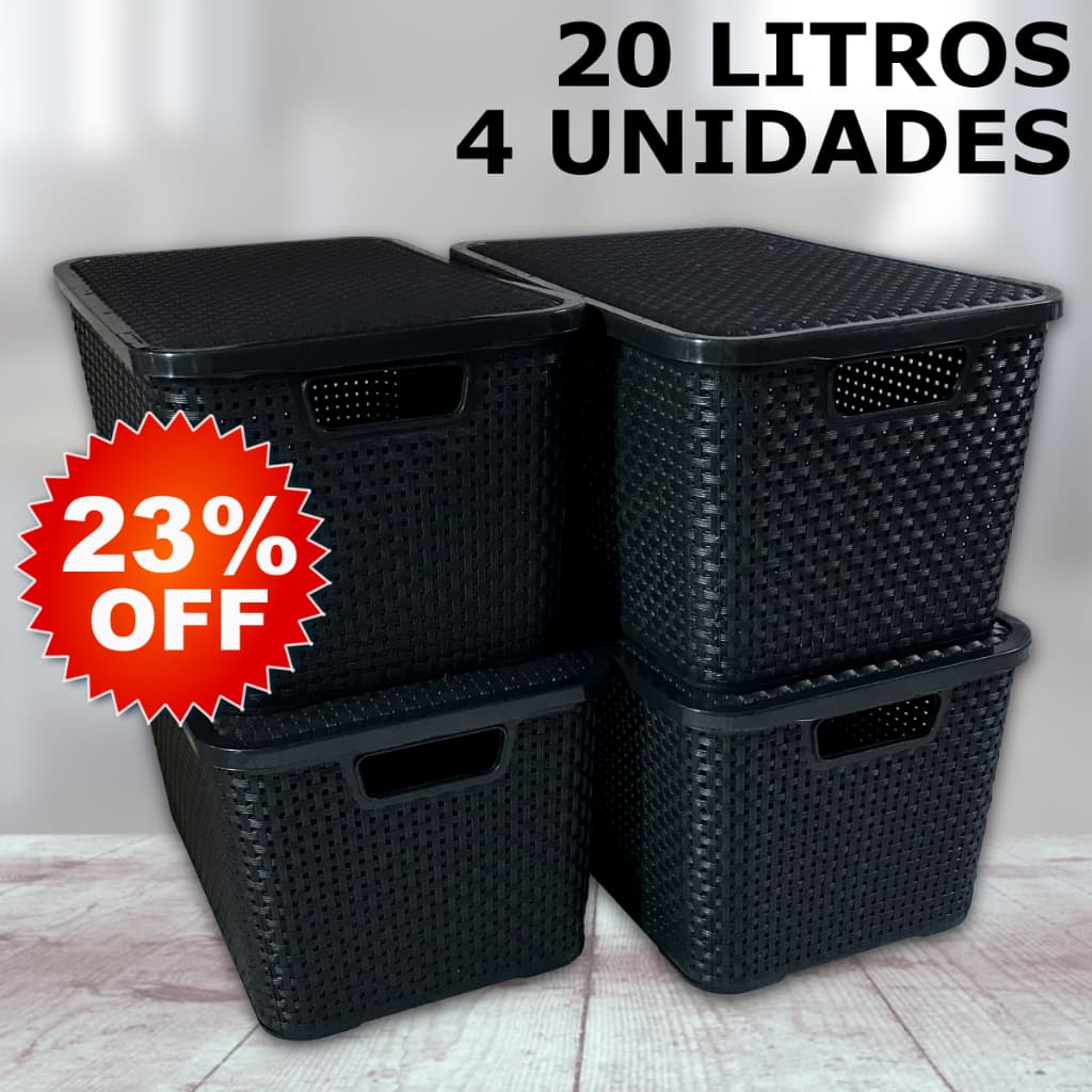 Kit 4 Caixa / Cesta Organizadora Grande 20 Litros Empilhavel Rattan Preta - Cesto Organizador 20L Para Guardar Coisas