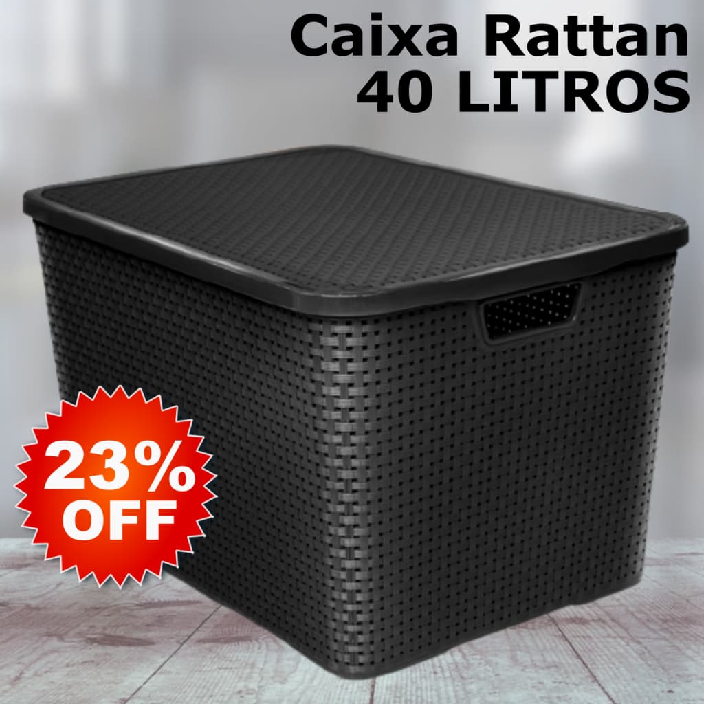 Caixa / Cesta Organizadora Grande 40 Litros Empilhavel Rattan Preta - Cesto Organizador 40L Para Guardar Brinquedos