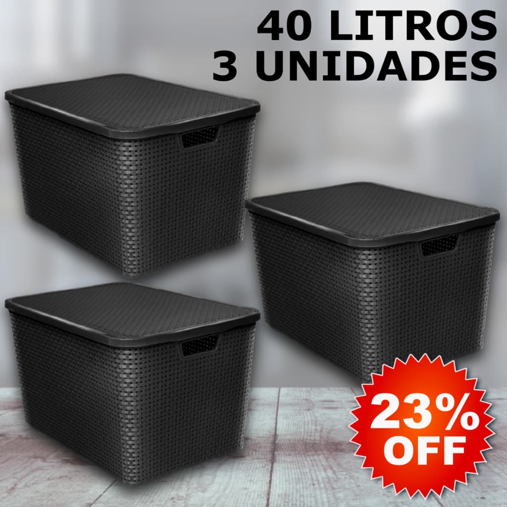 Kit 3 Caixa / Cesta Organizadora Grande 40 Litros Empilhavel Rattan Preta - Cesto Organizador 40L Para Guarar Coisas