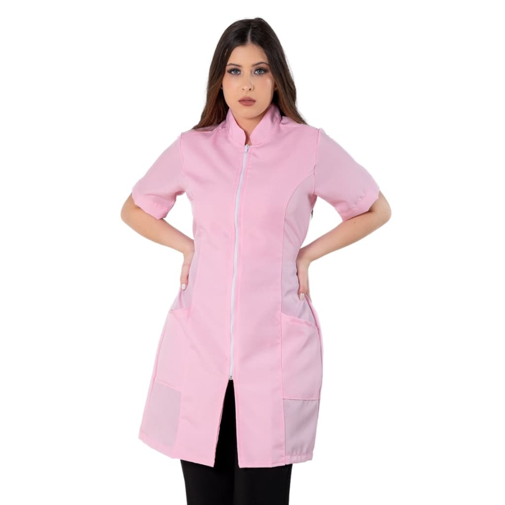 Jaleco Feminino Acinturado Básico Gola Padre Oxford Manga Curta Com Zíper Rosa Claro