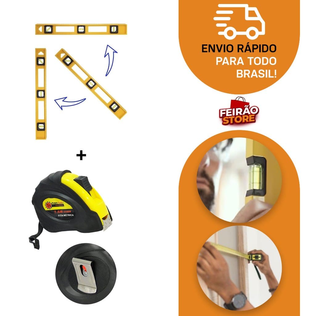 Kit Nível Plástico 3 Bolhas 40Cm 16pol. + Trena Profissional 7.5 metros 25mm