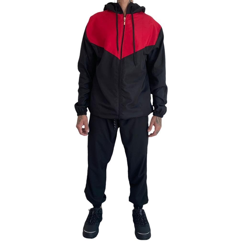 Conjunto Masculino Corta-Vento + Calça Preto e Vermelho