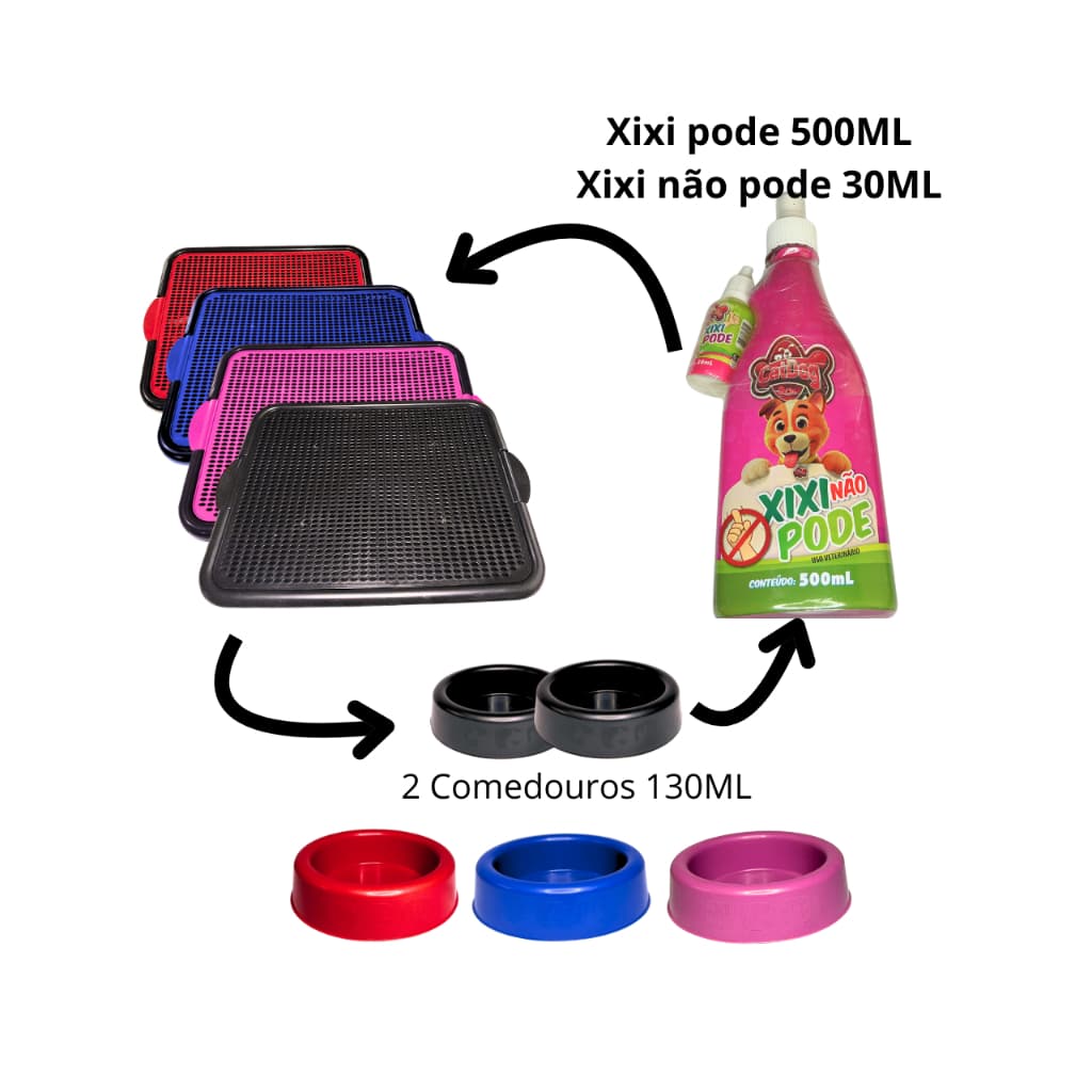 Kit Sanitário Tapete Canino Pet + Educador Pet Xixi Sim Pode Xixi Não Pode + 2 Comedouros Cachorro Tapete Higiênico