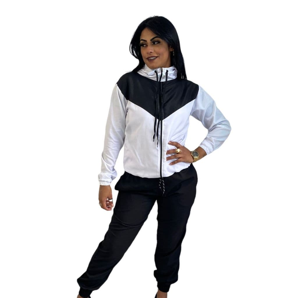 Conjunto Femimino Corta-Vento + Calça Branco e Preto