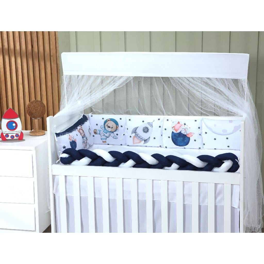 Kit Berço Americano Astronauta Urso 10 peças Mosquiteiro Protetor Trança Cabeceira Envio Rápido
