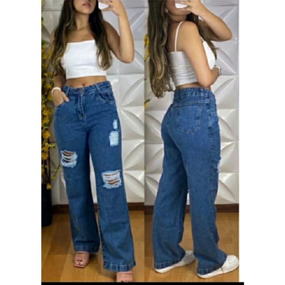 Calça Jeans Feminina Wide Leg Cintura Alta Pantalona Jeans Feminina