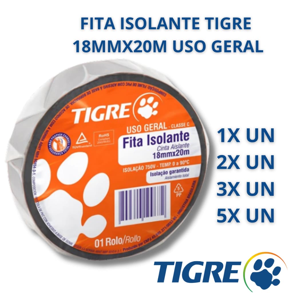 Fita Isolante Preta Tigre 20M Kit Fita Adesiva Isolante 18mmx20Mts Fita Isolante Para Fios Elétricos