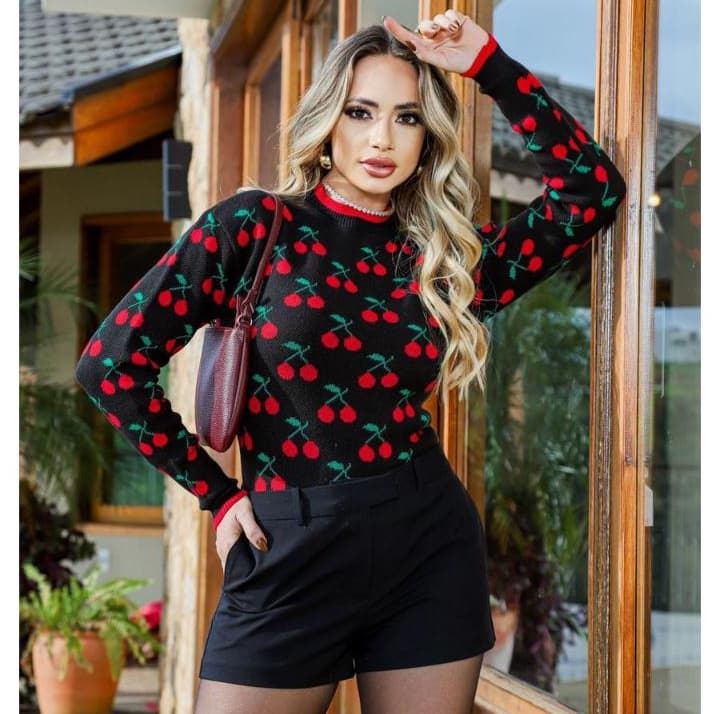 Blusa Suéter Feminina De inverno Tricot Modal Com Estampa De Cerejinha
