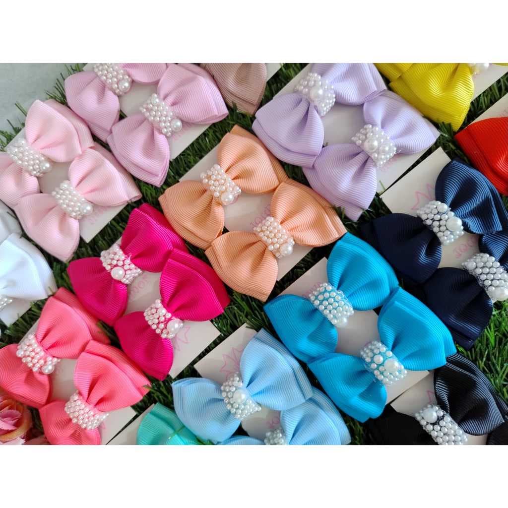 Laço infantil luxo - laço de bebê - miolo de pérolas - Kit com 3 ou 6 pares  - Modelo Gravatinha Duplo - Tamanho 6cm - Bico de pato ou Xuxinha - Kit econômico - Laço infantil - Laço de bebê - Produto Artesanal