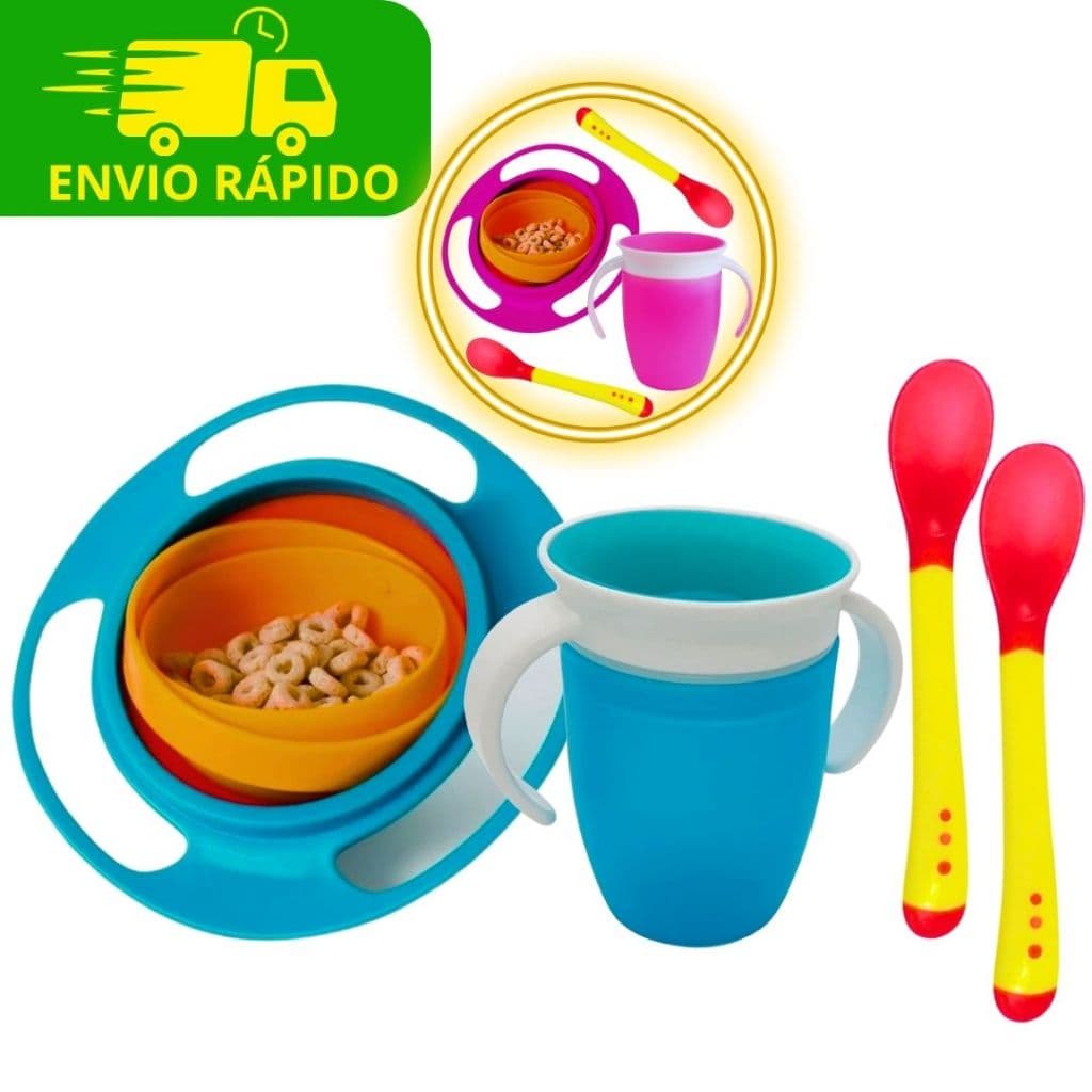 Kit Refeição Introdução Alimentar Infantil Prato e Copo 360 e 2 Colheres Amarelo c/ Vermelho Cozinha Bebê