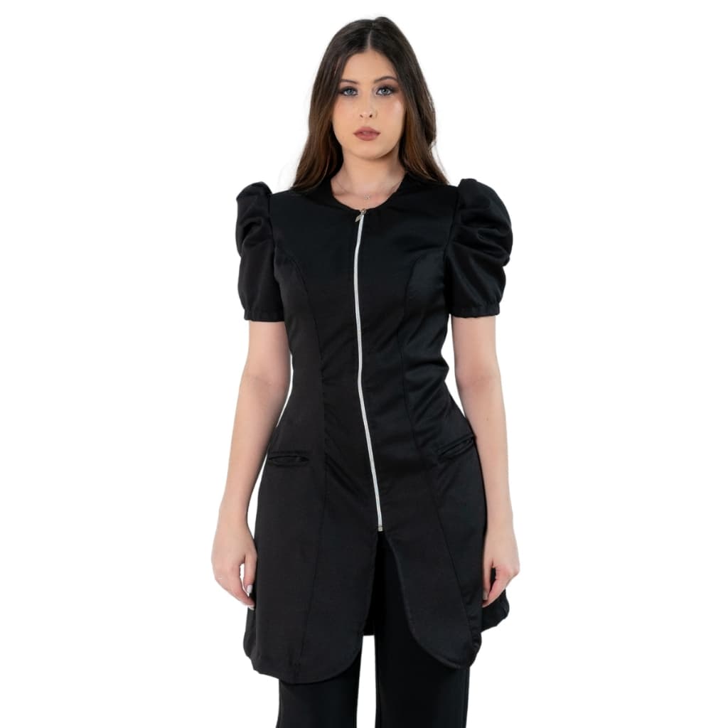 Jaleco Feminino Acinturado Manga Curta Bufante Princesa Preto Elegante