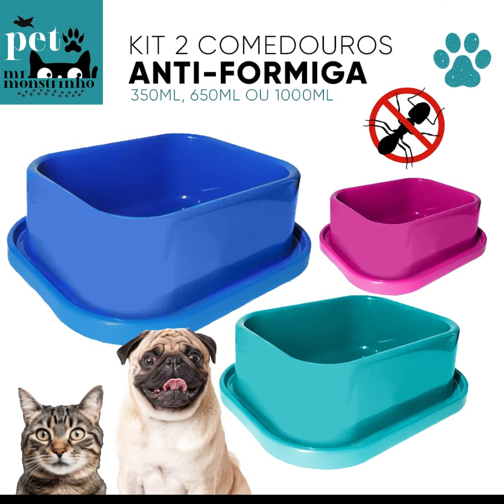 Kit Comedouro Bebedouro Retangular com bordas Anti-formiga para Cachorro Gato - 350ml, 650ml 1000ml 1900ml