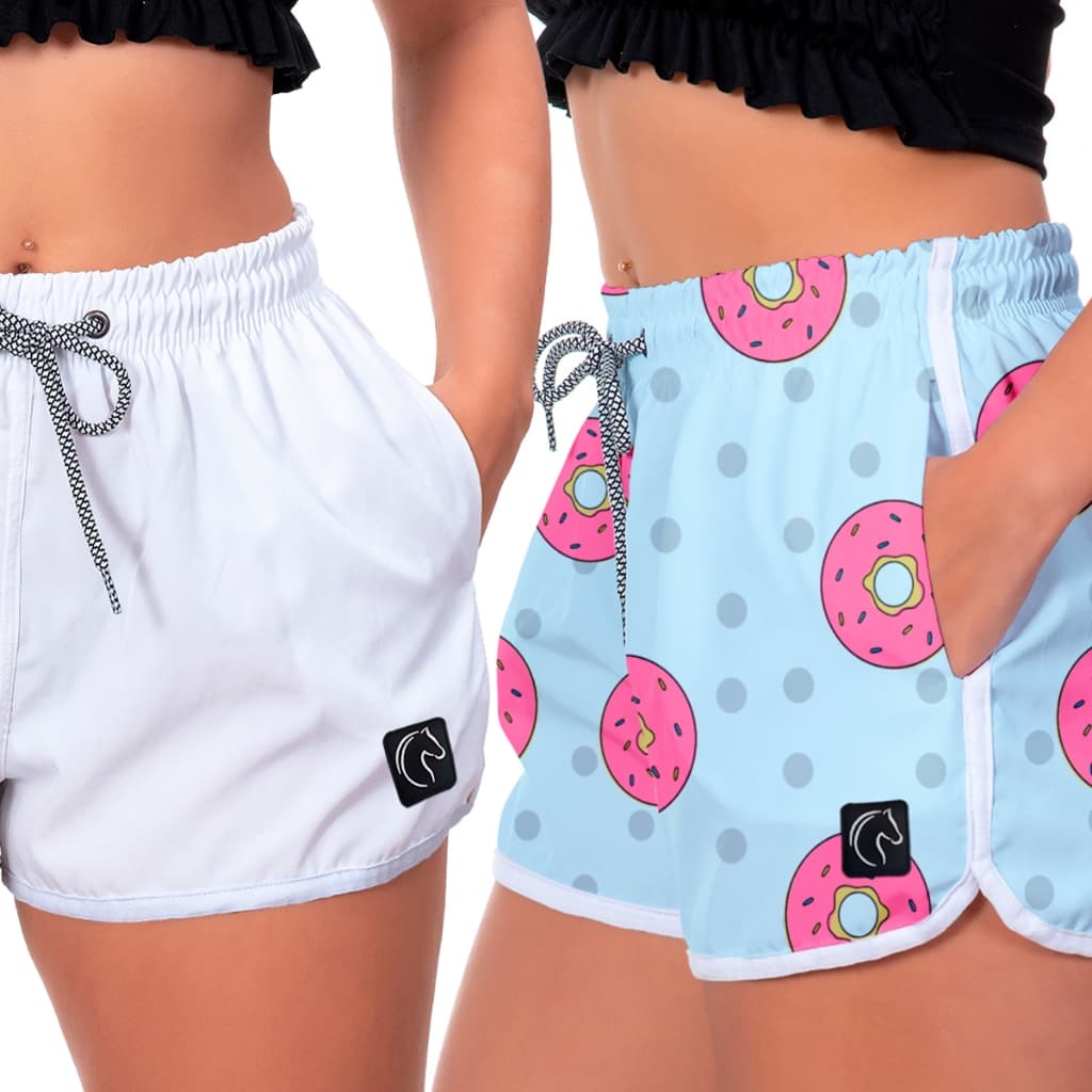 Kit 2 Shorts Feminino Premium Secagem Rápida com Elástico Cordão Ajustável e Bolsos Moda Praia Casual ou Treino Academia