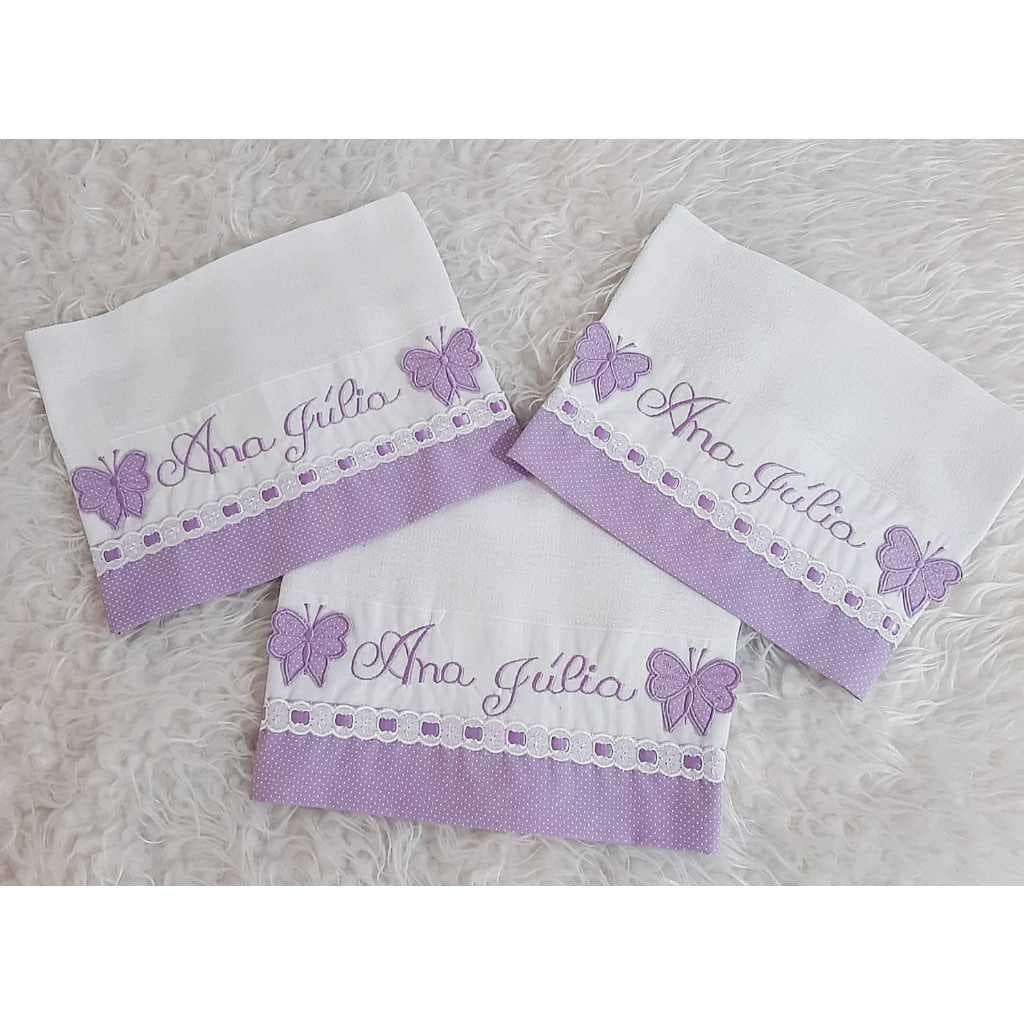 Kit 3 Fraldas de Boca Bordado Borboleta Lilás com Nome Bordado Menina