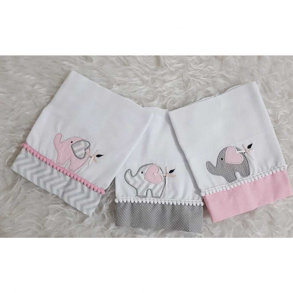 Kit 3 Fraldas de Boca com Bordado Elefantinha Menina com Nome Bordado