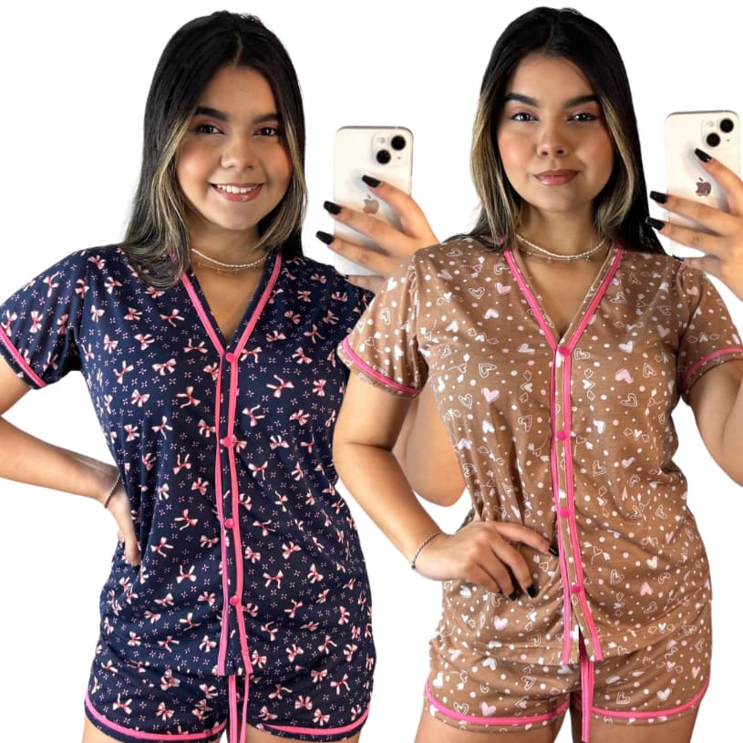 Kit 2 Pijamas Americano Estampado/ Amamentação/ Abertura Frontal