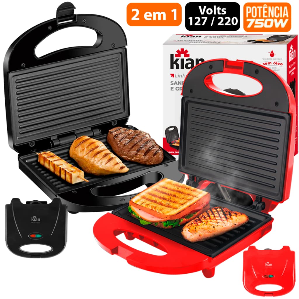 Sanduicheira Antiaderente Grill 2 em 1 Preta - vermelha Elétrica 750w 127v - 220V Kian Automatica