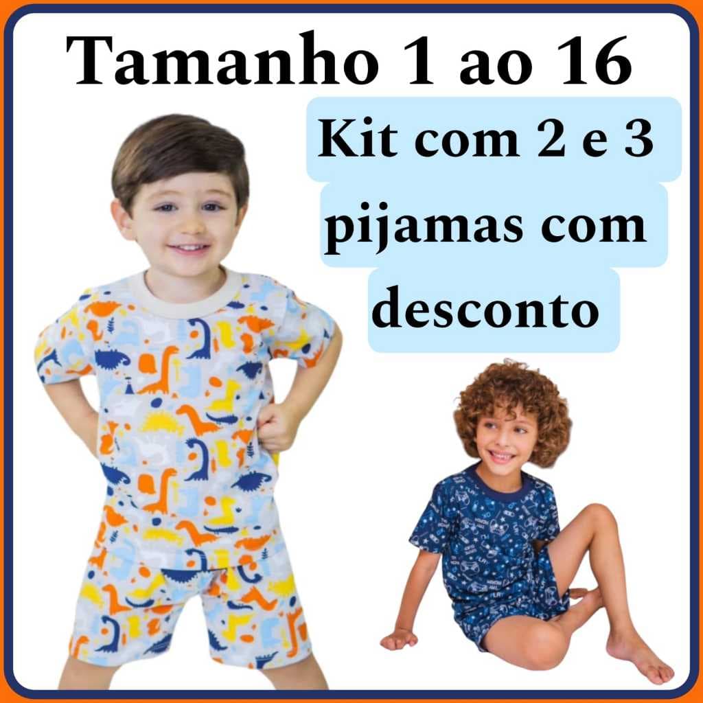 1, 2 ou 3 Pijama Infantil Manga Curta Bebê Menino Masculino Verão 100% Algodão 1 ao 16 Mafessoni