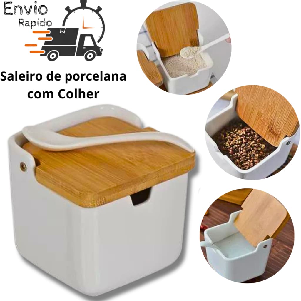 Saleiro Porta Sal Saleira de Mesa em Cerâmica com Tampa de Bambu e Colher Decorativo Bianco Lyor