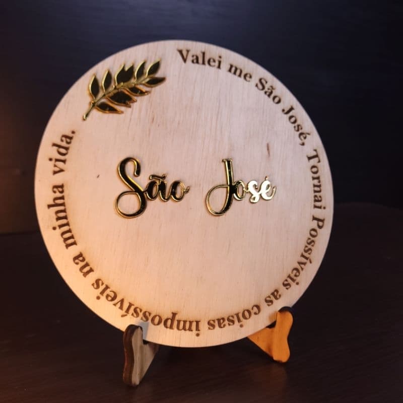 Placa de Mesa Valei-me São José - Madeira e Acrílico (20cm)