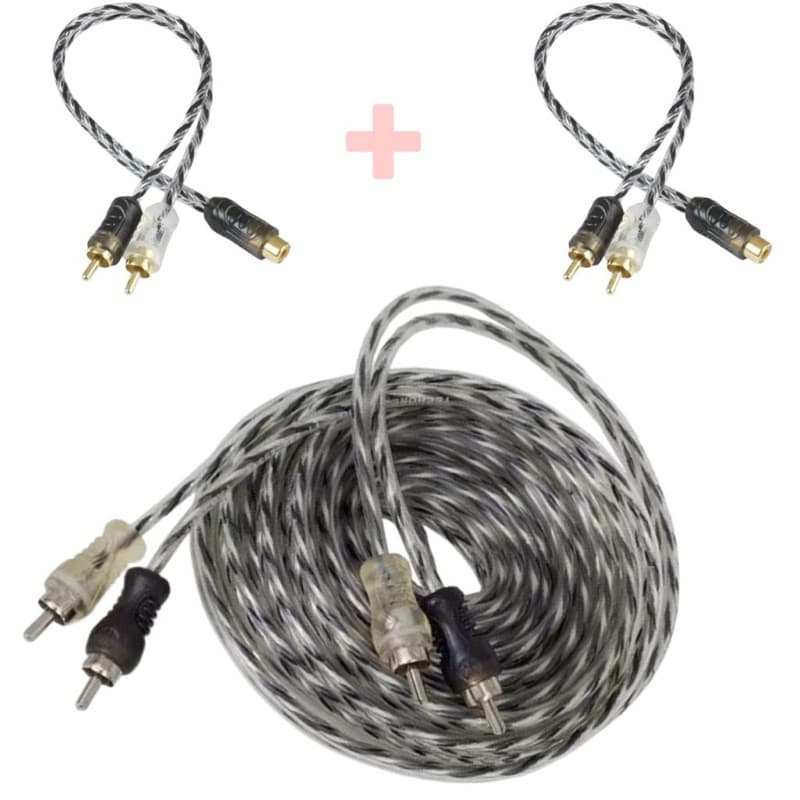 Kit Cabo Rca Som Automotivo Injetado 5 Metros + 2 Cabos Y 2m+ 1f Carro P/modulo