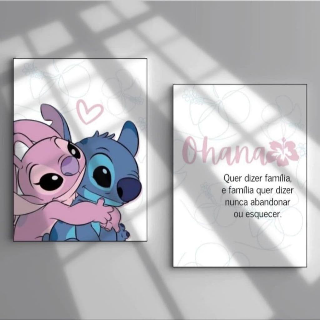Kit 2 Quadros Stitch Ohana quer dizer familia, decoração de quarto sala cozinha infantil